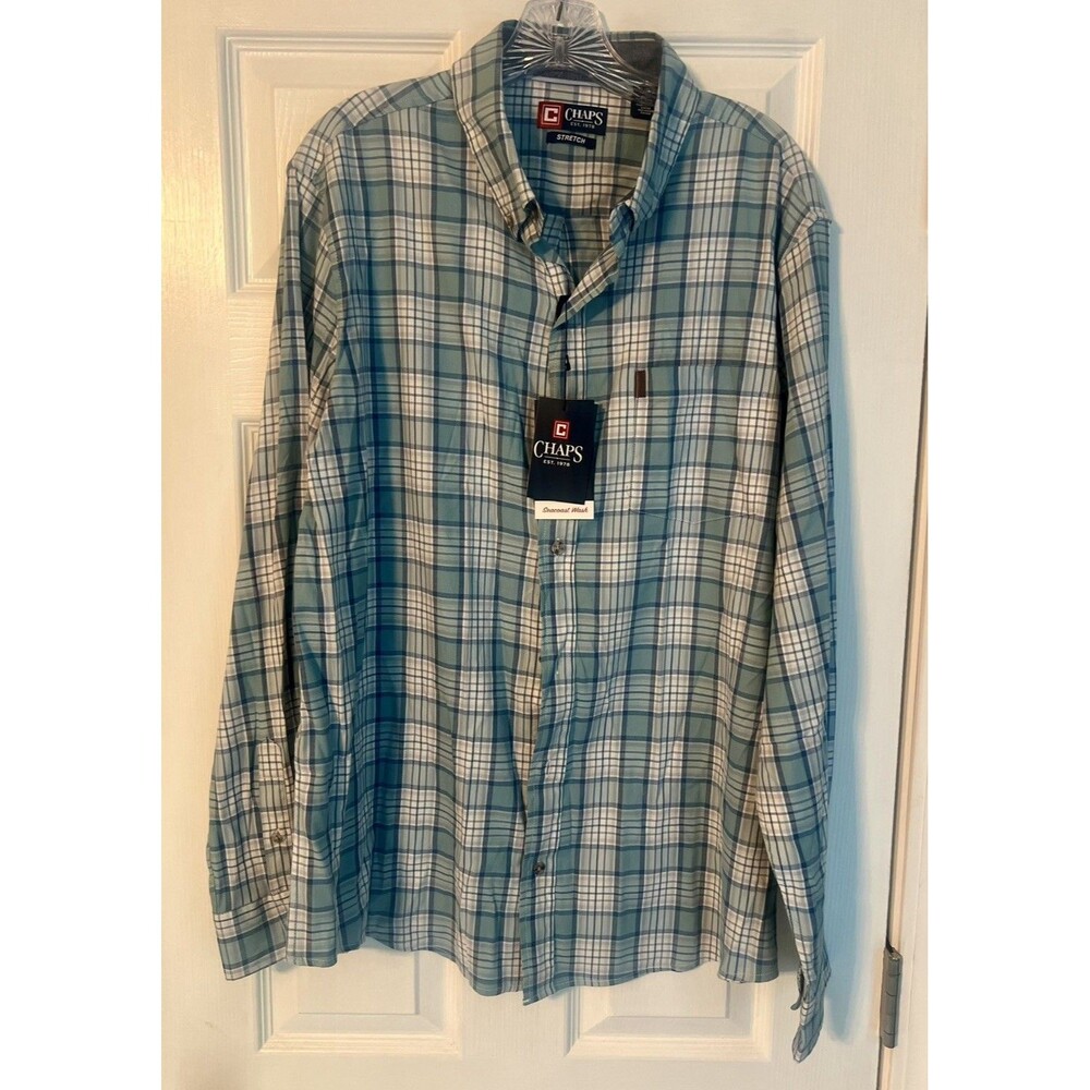 NWT Chaps Mens XL Go Untucked Shirt Blue Green Plaid Sea Coast Wash Stretch New